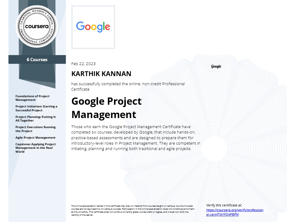 Karthik Kannan Google Project Management Certificate Feb 2023